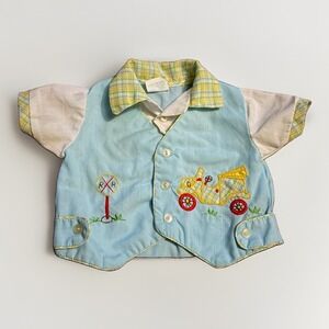 Vintage Cradle Togs baby Blue Car Plaid Railroad Shirt size 0-3 Months boy